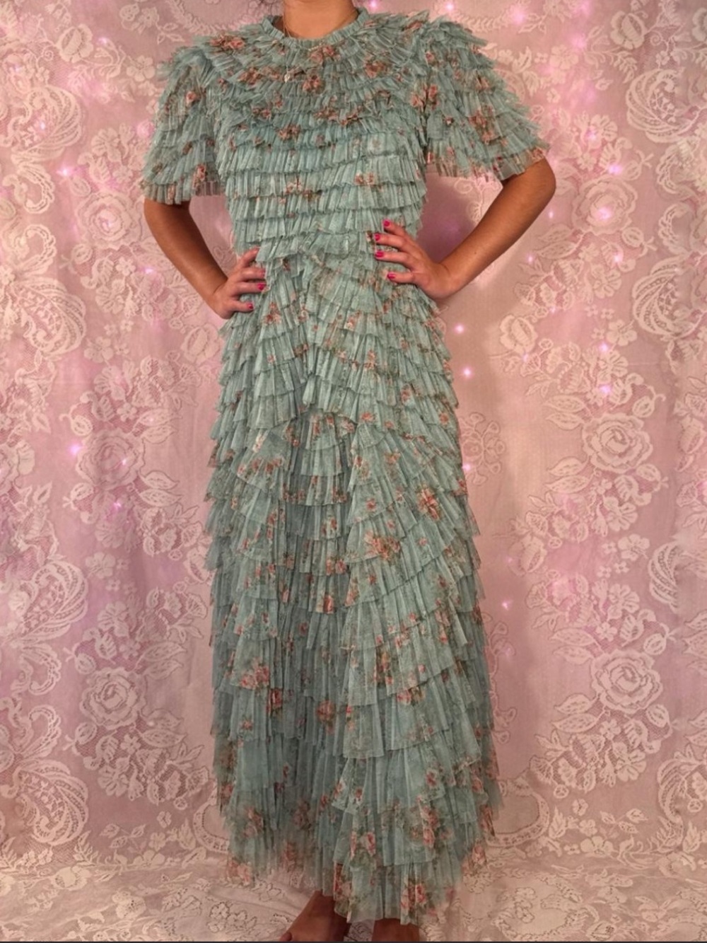 Mac Duggal sage/mint green floral maxi dress with ruffles